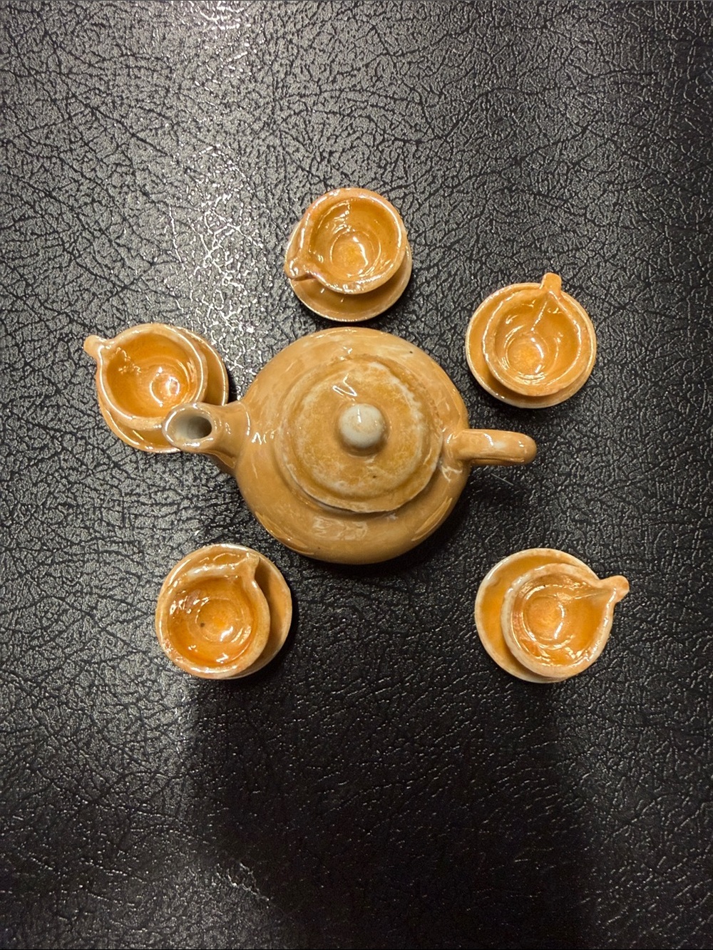 Miniture Glazed Ceramic Teapot and Cup Set - Tan